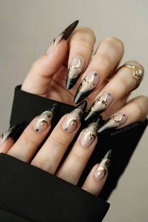 Gold Crescent Moon Stiletto Nails