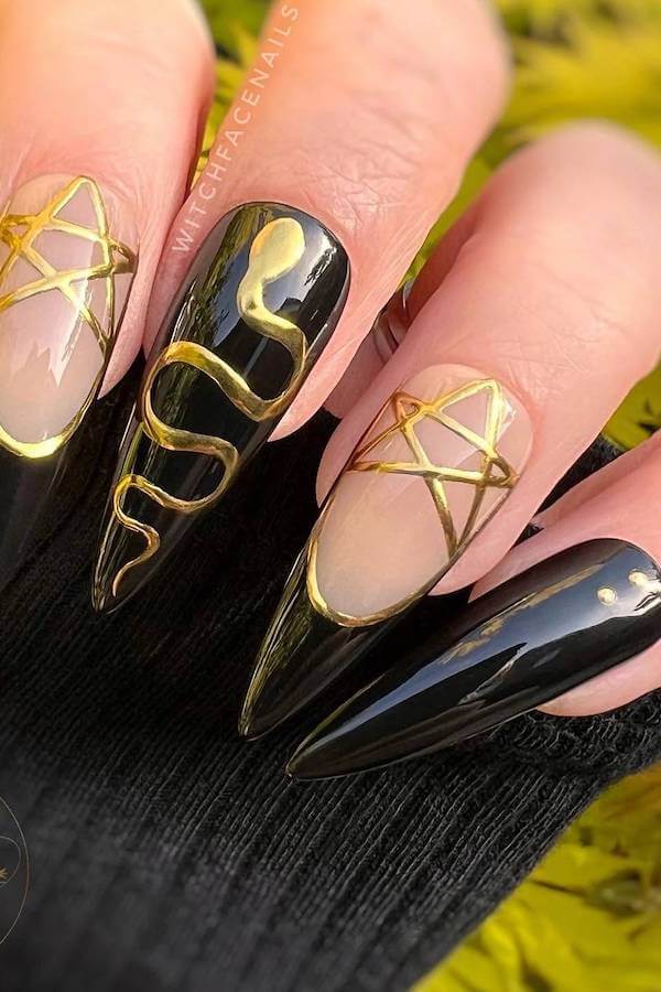 Gold Snake and Pentagram Witch Nails