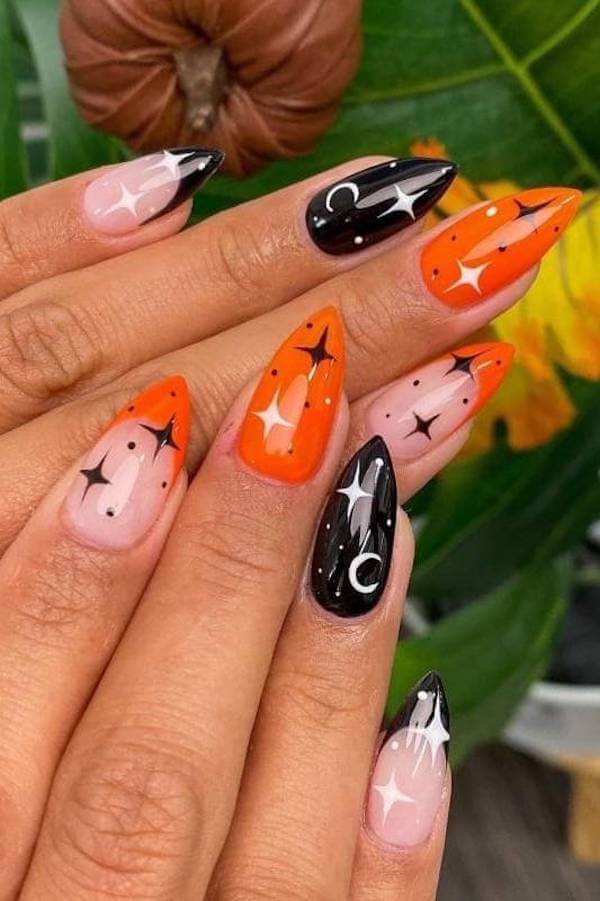 Halloween Orange and Black Witchy Nails