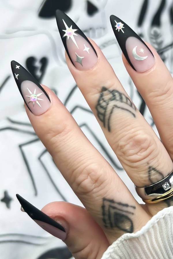 Matte Black Stiletto Moon and Star Nails