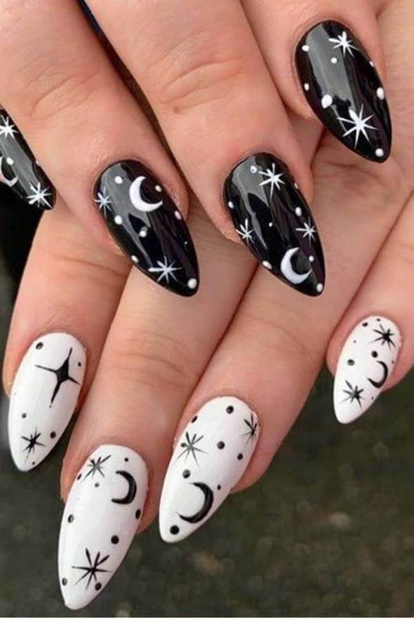 Black and White Astrology Almond Nails