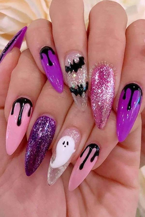 Purple and Pink Spooky Halloween Nails