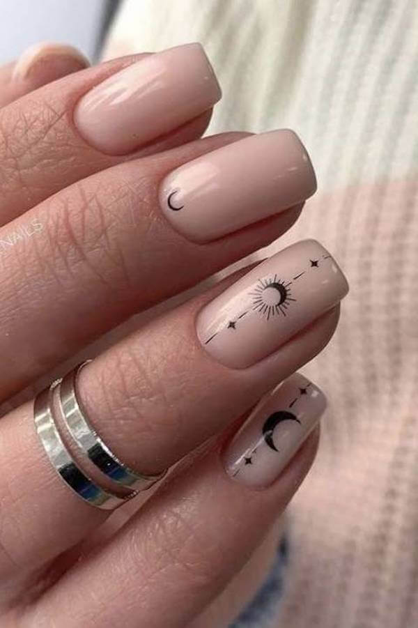 Nude Nails with Moon and Star Art