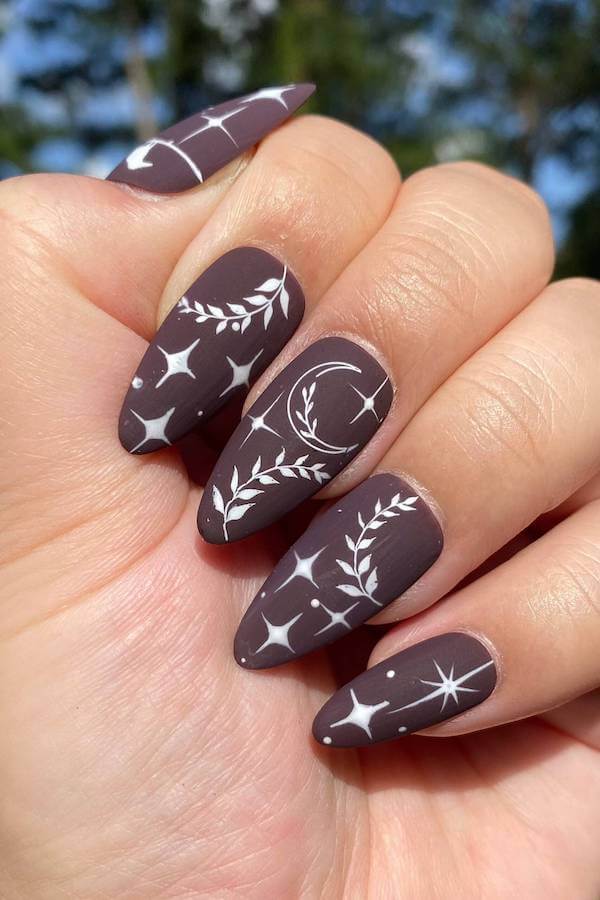 Matte Brown Witchy Botanical Nails