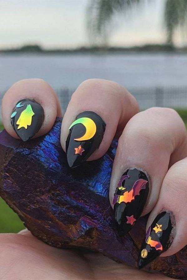 Black Holographic Halloween Nails