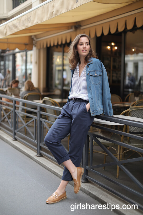 Striped Blouse with Navy Chinos and Denim Jacket