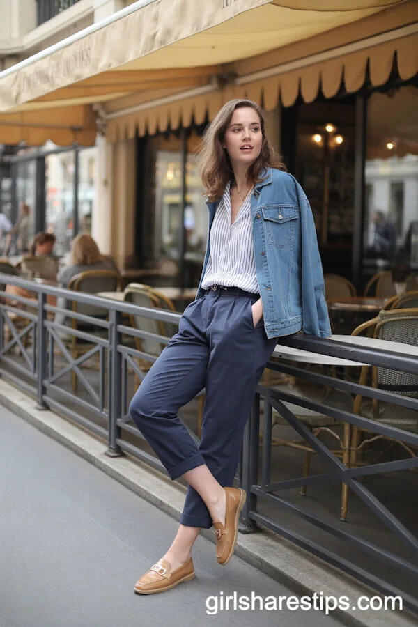Striped Blouse with Navy Chinos and Denim Jacket