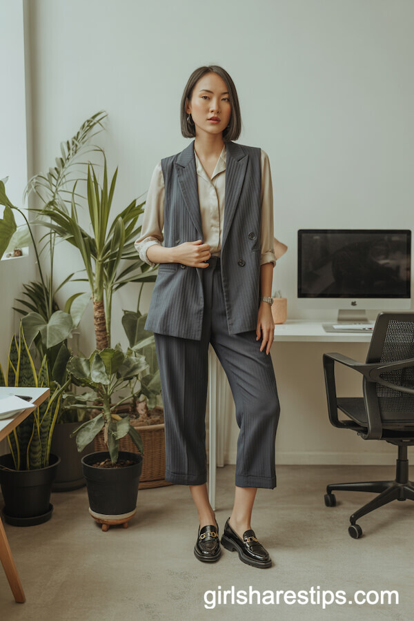 Gray Vest Suit with Silk Blouse Office Outfit