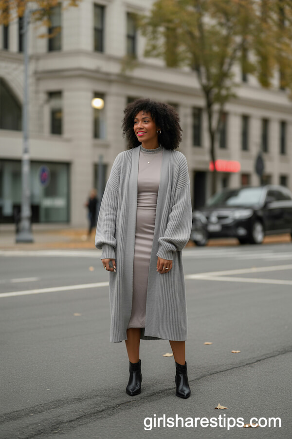 Long Cardigan Layered Over Midi Dress Autumn Style