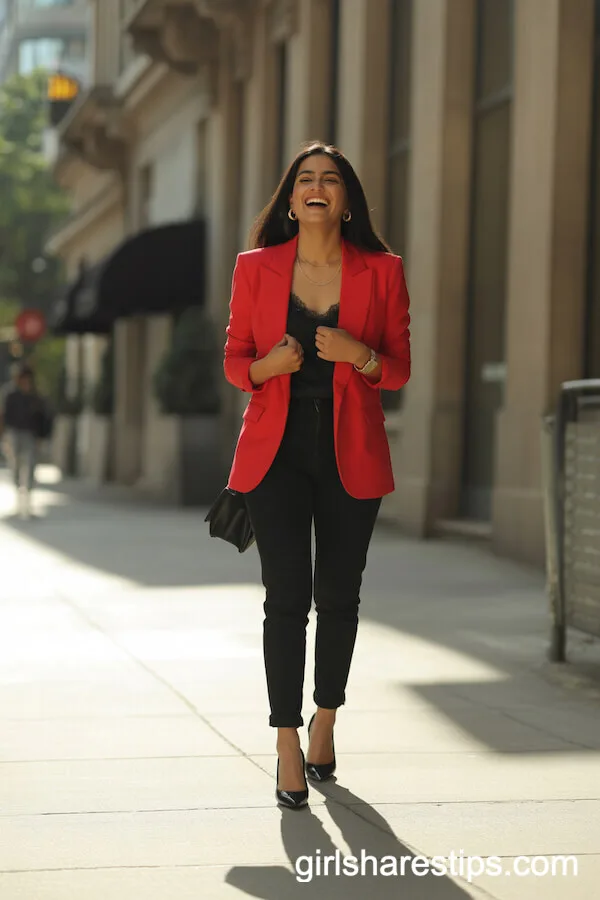 Bold Red Blazer with Slim Black Pants Power Look