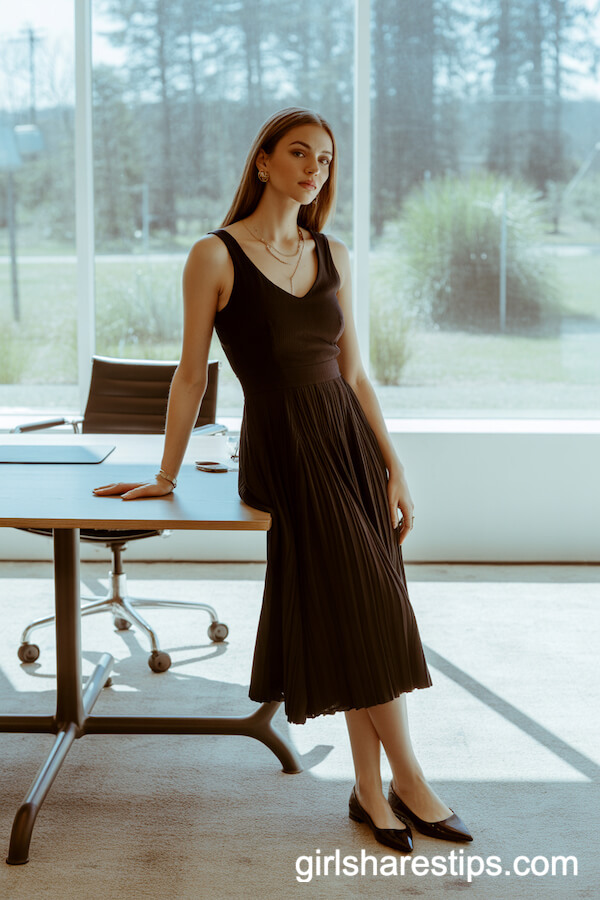 Sleeveless Black Midi Dress Minimalist Office Outfit