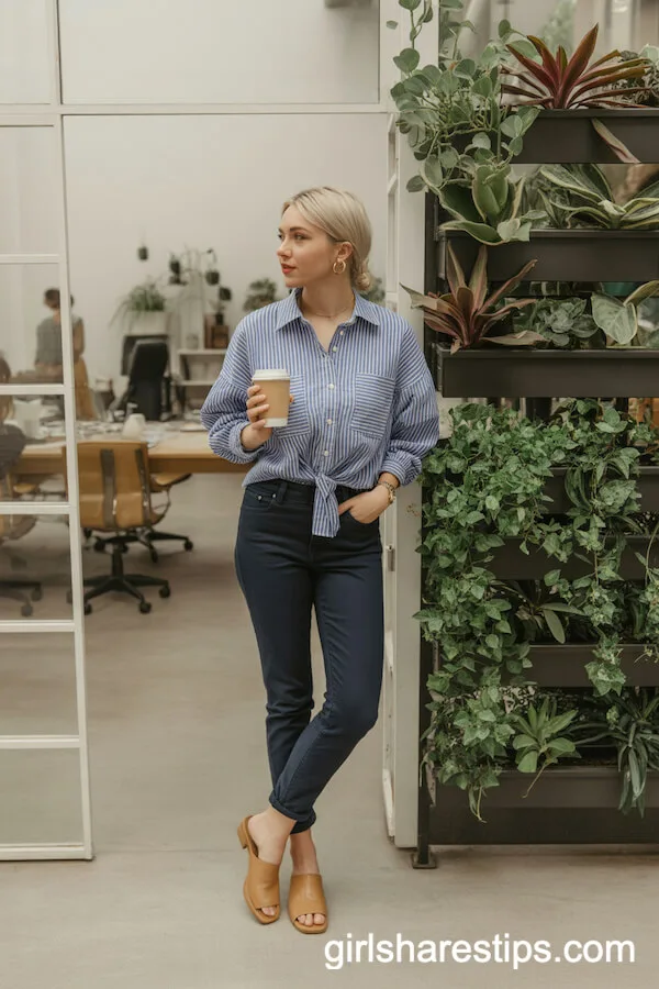 Dark Blue Jeans and Striped Blouse Smart Casual Look