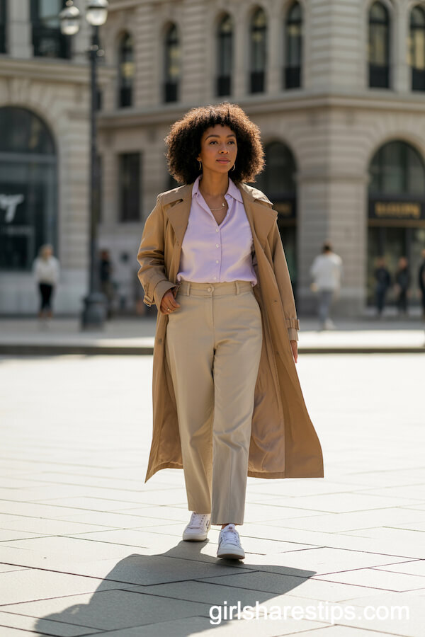 Classic Tan Trench Coat with Pastel Blouse and Trousers