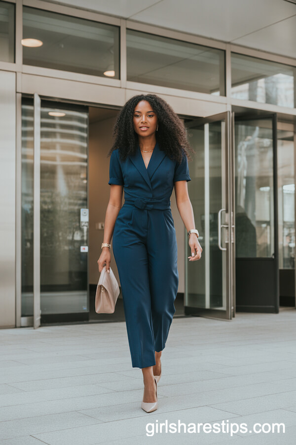 Navy Blue Jumpsuit with Nude Pumps Work Ensemble