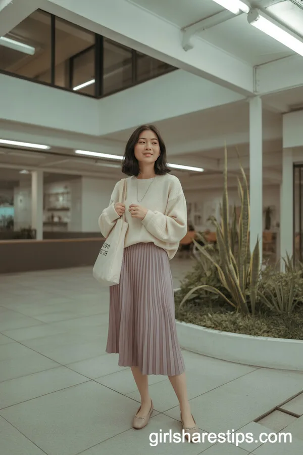 Pastel Pleated Midi Skirt and Cream Sweater Combo