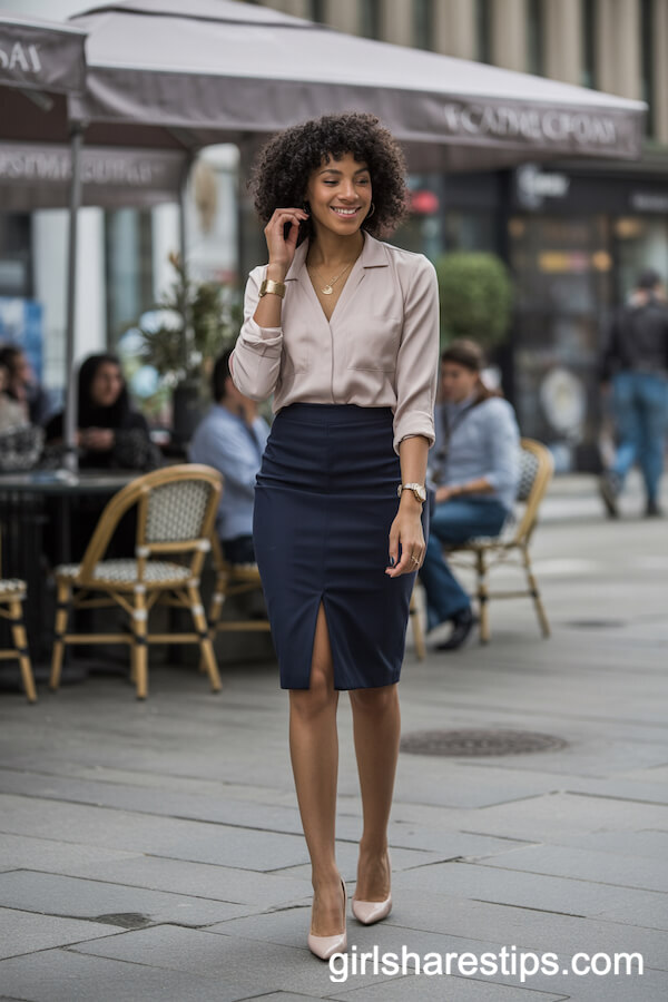 Navy Pencil Skirt with Blush Blouse Work Look
