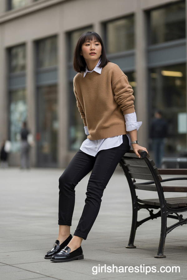 Layered Camel Sweater over White Shirt Casual Workwear