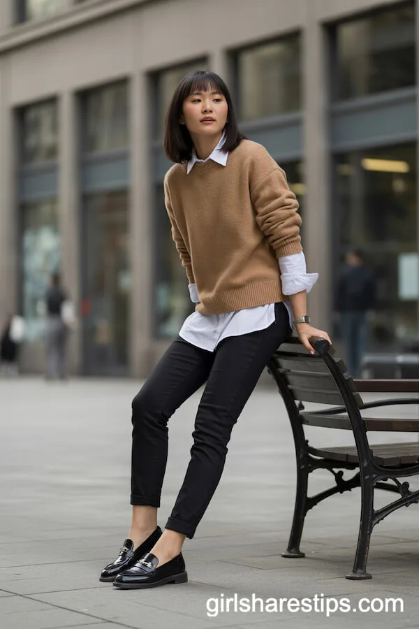 Layered Camel Sweater over White Shirt Casual Workwear