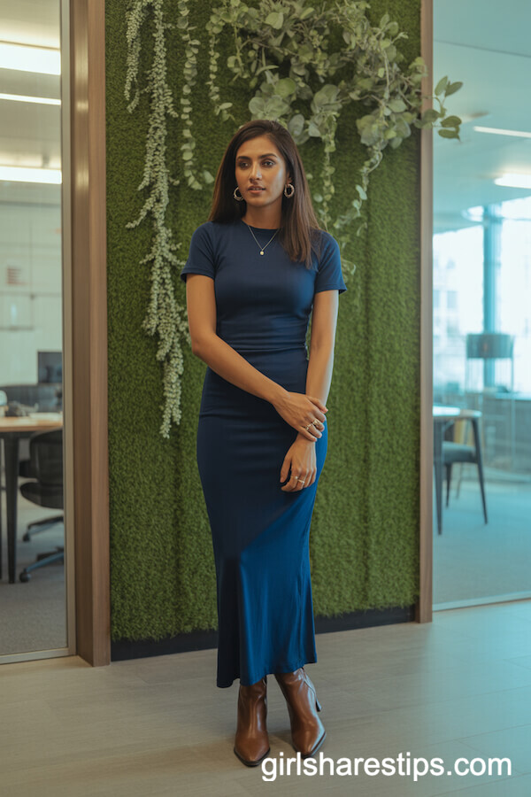 Navy Maxi Dress and Brown Ankle Boots Office Style