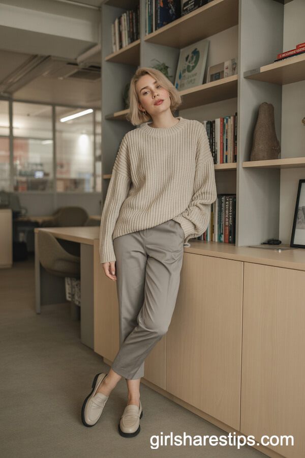 Cozy Beige Knit Sweater and Gray Slacks Ensemble