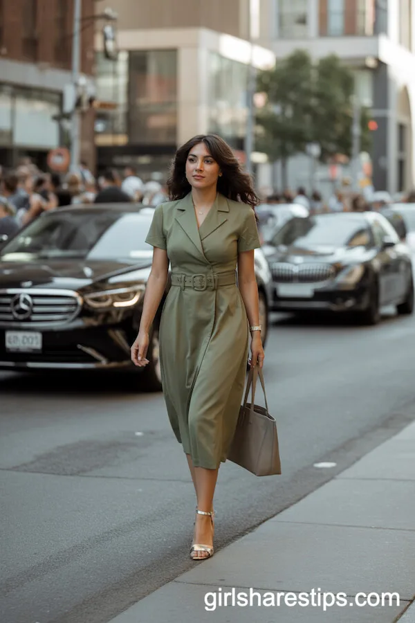 Olive Green Midi Dress with Cinched Waist Office Style