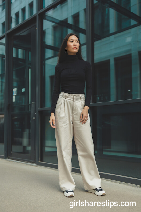 Cream Wide-Leg Trousers and Black Turtleneck Combo