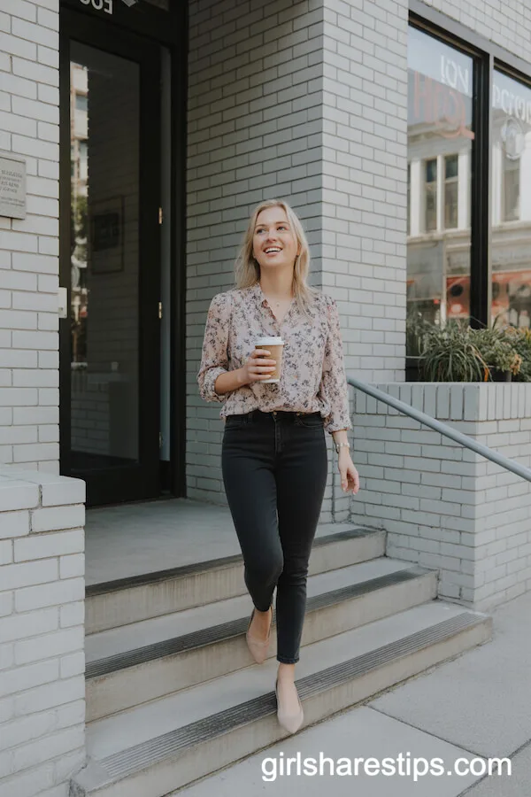 Floral Blouse with Black Skinny Jeans Work Outfit