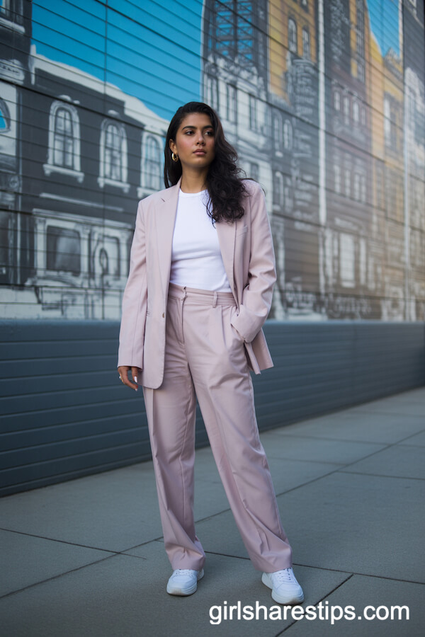 Pastel Pink Suit and White Sneakers Office Attire