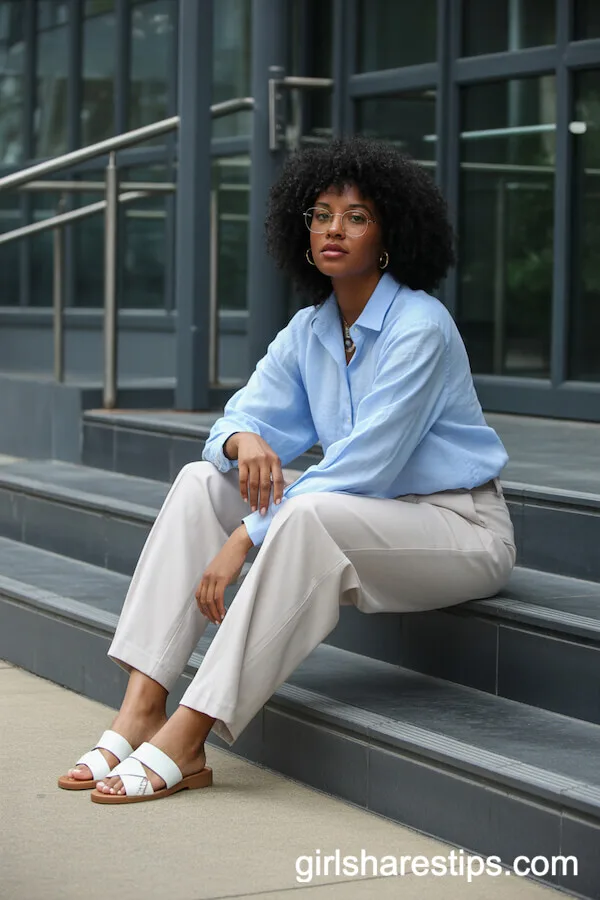 Soft Blue Linen Shirt with Beige Trousers Look