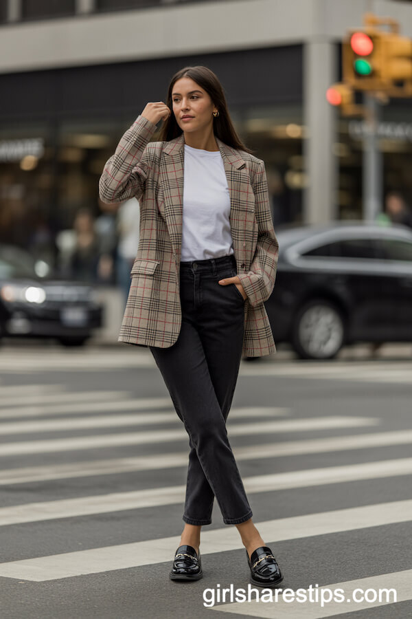 Plaid Blazer and Black Pants Classic Work Ensemble
