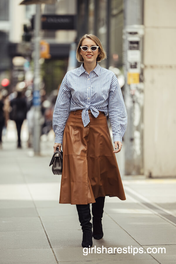 Striped Shirt & Leather Midi Skirt