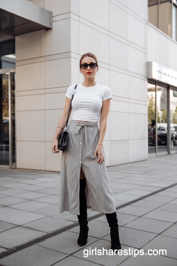 White Tee & Striped Midi Skirt