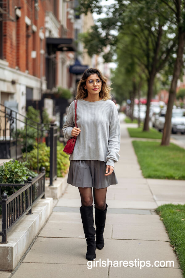 Grey Sweater & Pleated Mini Skirt