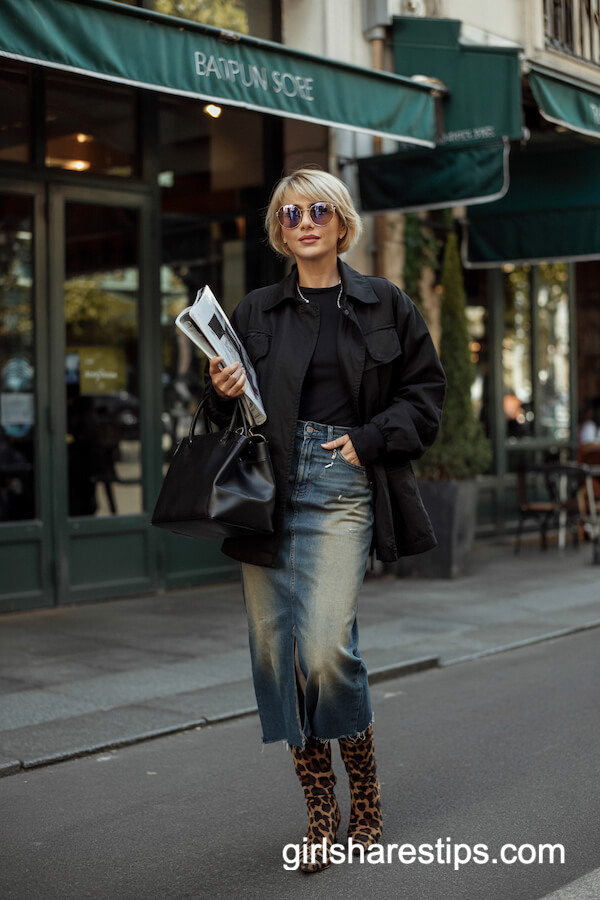 Black Jacket & Denim Midi Skirt
