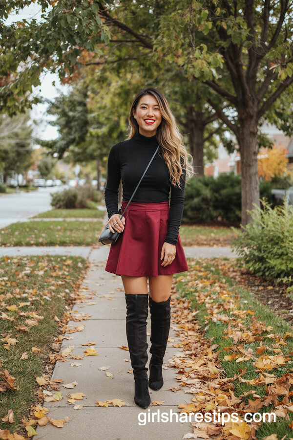 Turtleneck & Burgundy Mini Skirt