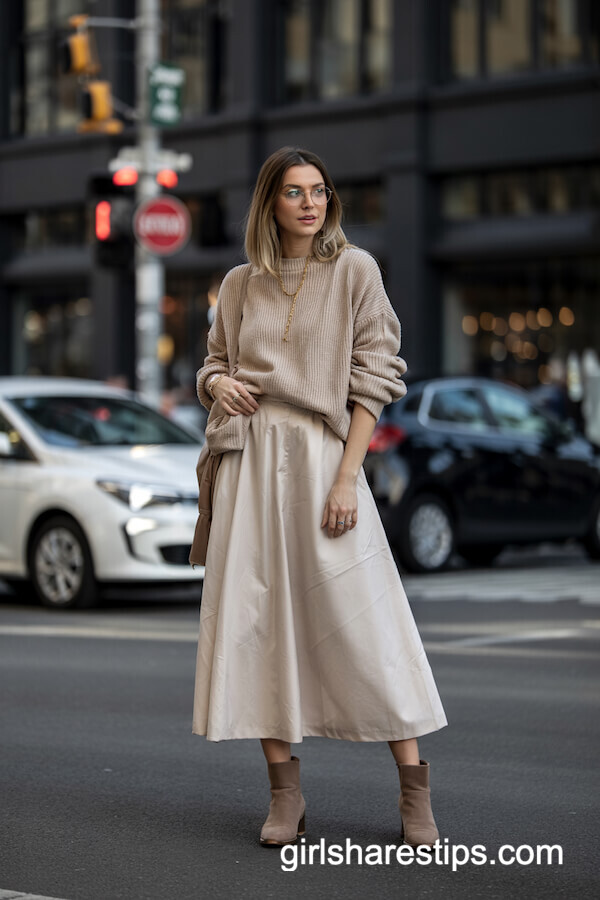 Beige Chunky Sweater with White Midi Skirt