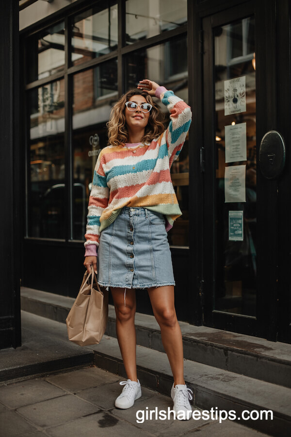 Striped Sweater and Denim Skirt Combo