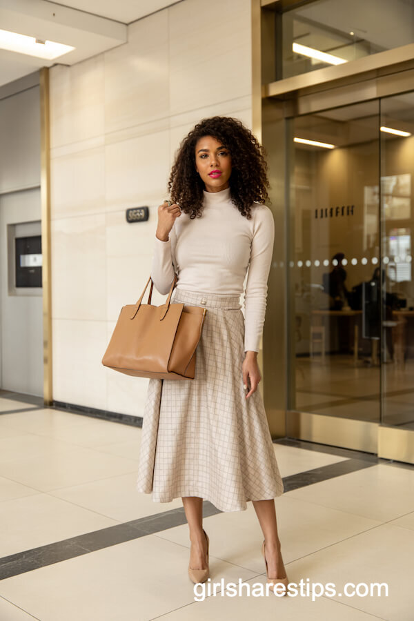 Cream Sweater with Checkered Midi Skirt