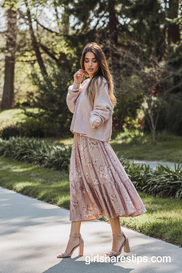 Blush Fuzzy Sweater with Floral Midi Skirt