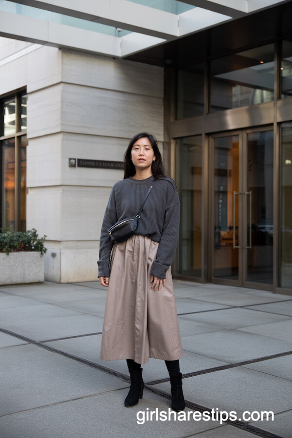 Gray Sweater and Taupe Midi Skirt