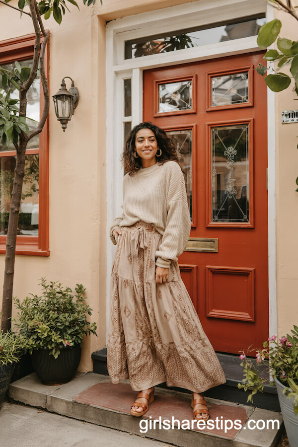 Cream Sweater with Boho Maxi Skirt