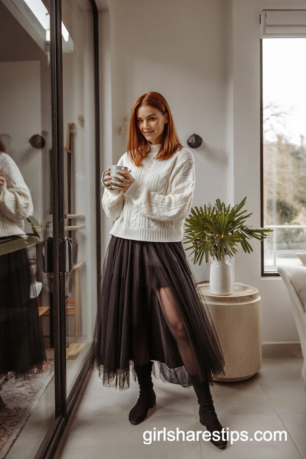 Ivory Cable-Knit Sweater with Black Tulle Skirt