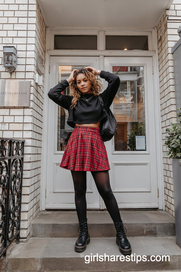 Black Cropped Sweater with Red Plaid Skater Skirt