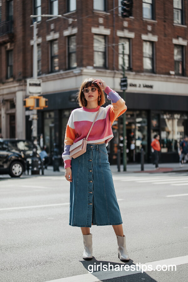 Retro Color Block Sweater with Denim Midi Skirt