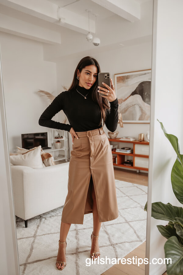 Black Turtleneck with Camel High-Waisted Skirt