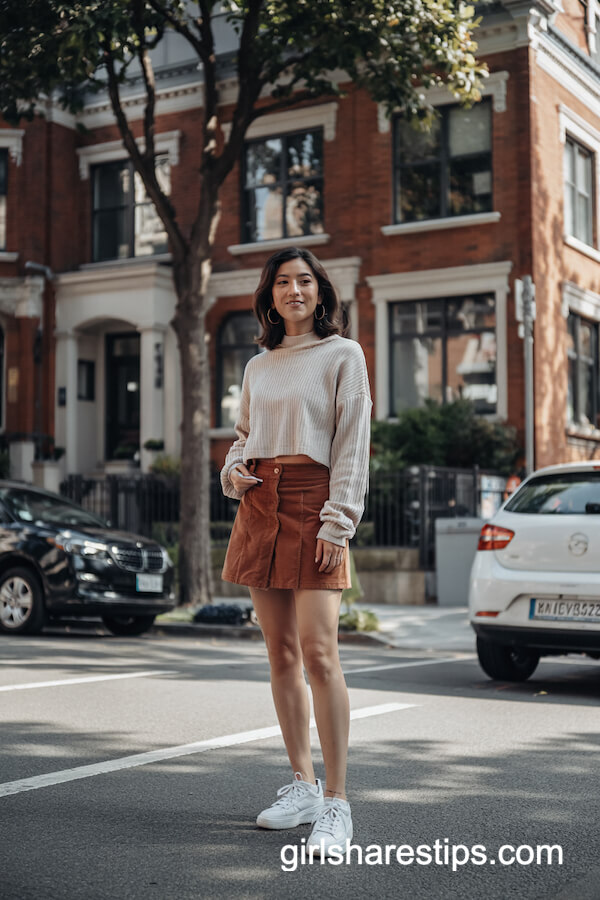 Chunky Cream Sweater with Corduroy Skirt