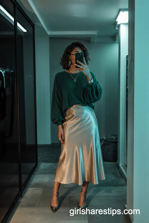 Green Balloon Sleeve Sweater with Satin Midi Skirt