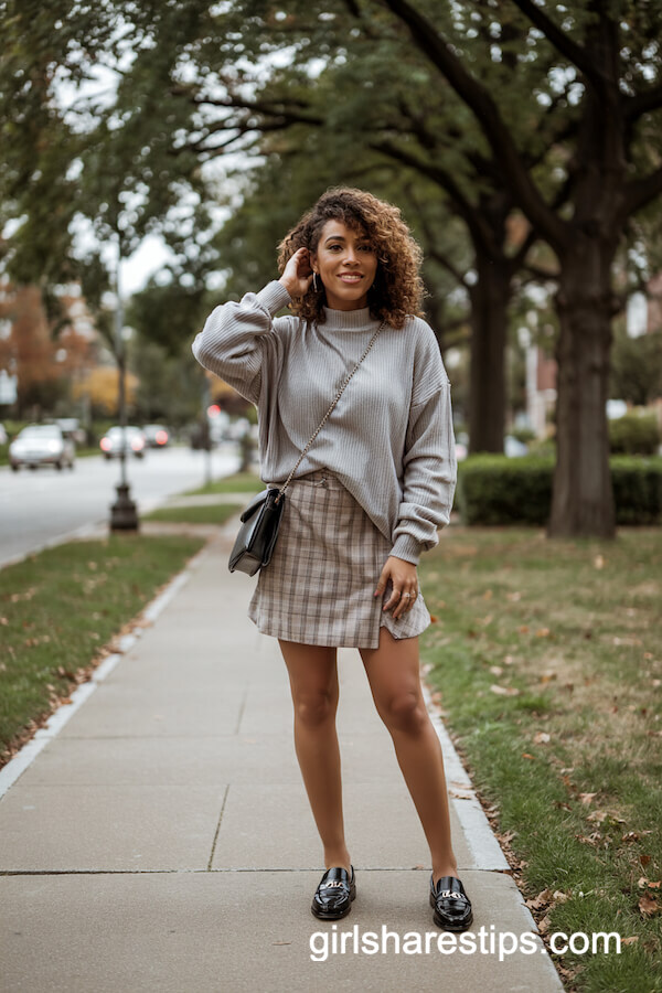 Gray Oversized Sweater with Plaid Mini Skirt