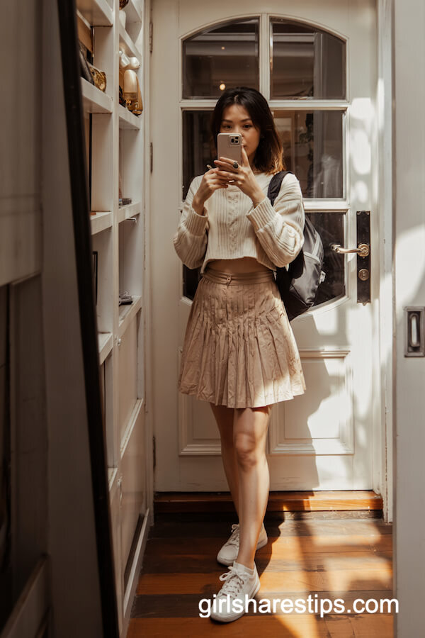 Cropped Cream Sweater with Pleated Skirt