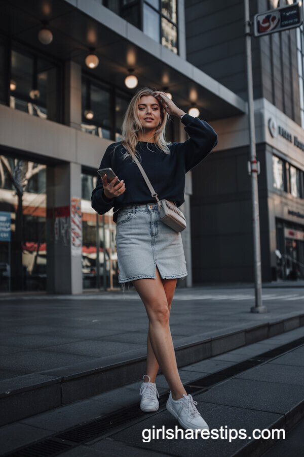 Navy Sweater with Denim Mini Skirt